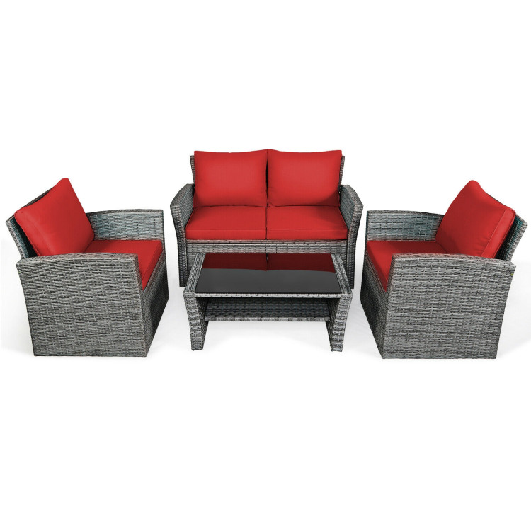 4 Pieces Patio Rattan Furniture Set Sofa Table with Storage Shelf Cushion-RedCostway Gallery View 3 of 12