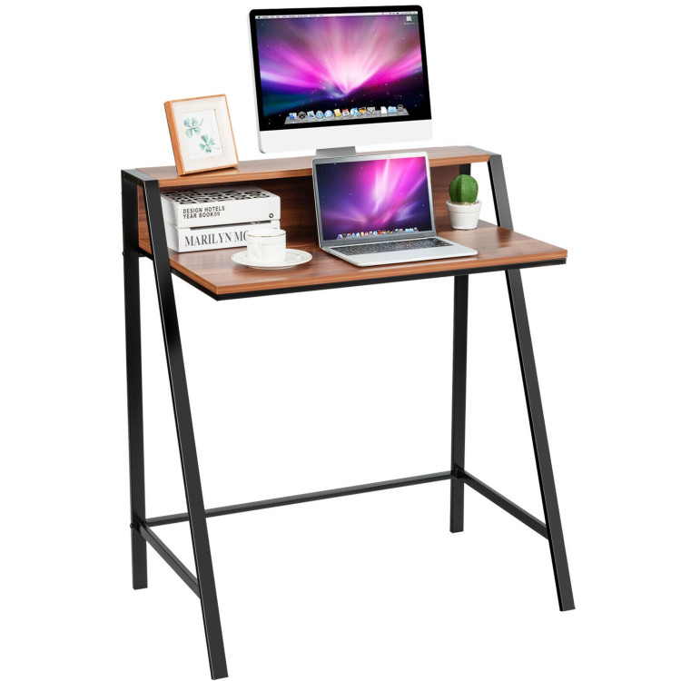 2 Tier Computer Desk PC Laptop Table Study Writing Home Office Workstation New-WalnutCostway Gallery View 4 of 12