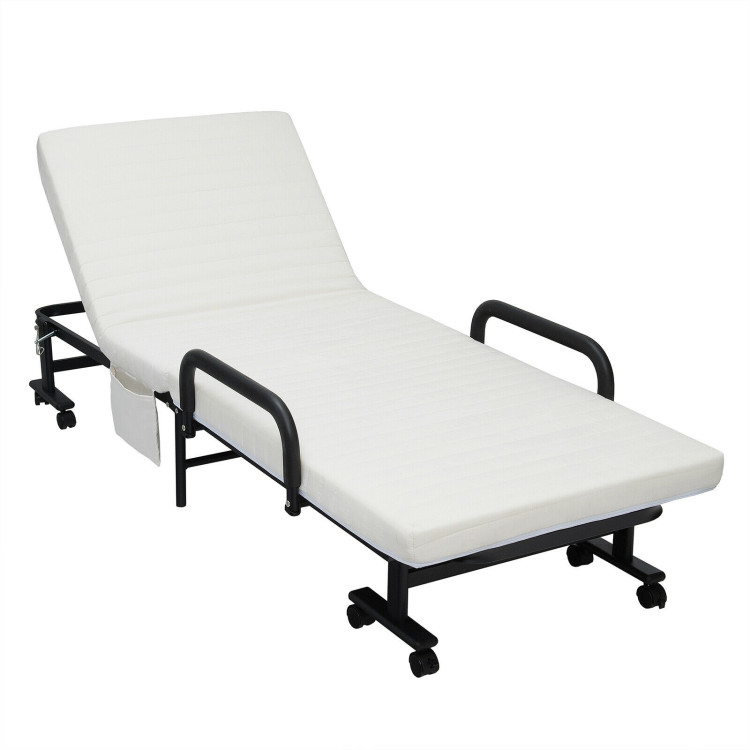 Folding Adjustable Guest Single Bed Lounge Portable with Wheels-WhiteCostway Gallery View 3 of 12