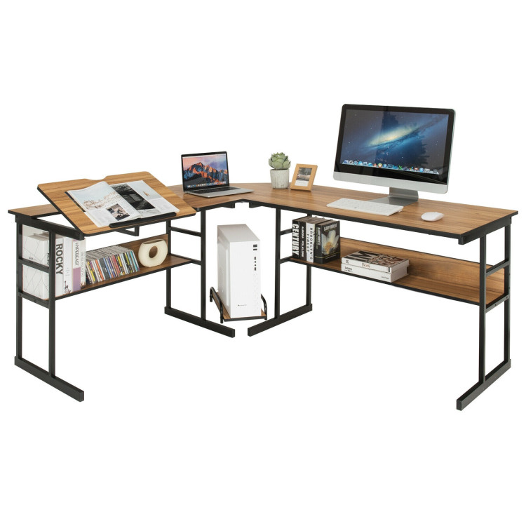 L-Shaped Computer Desk with Tiltable Tabletop-WalnutCostway Gallery View 8 of 12