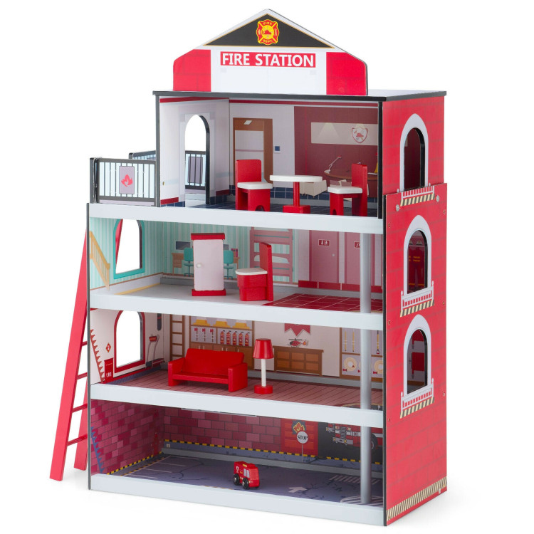 Wooden Fire Station Dollhouse Playset with Truck and HelicopterCostway Gallery View 3 of 10