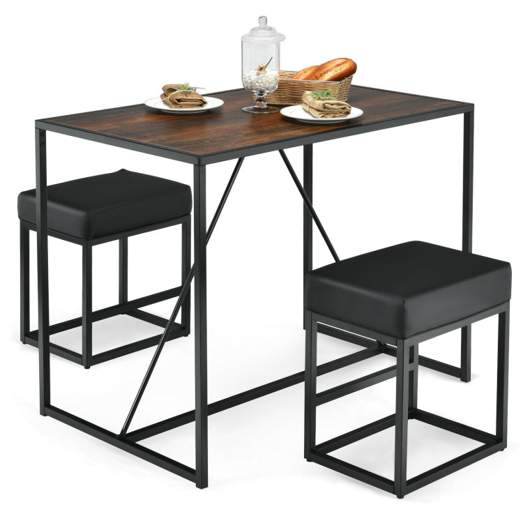 3 Pcs Dining Set Metal Frame Kitchen Table and 2 Stools-BrownCostway Gallery View 3 of 11