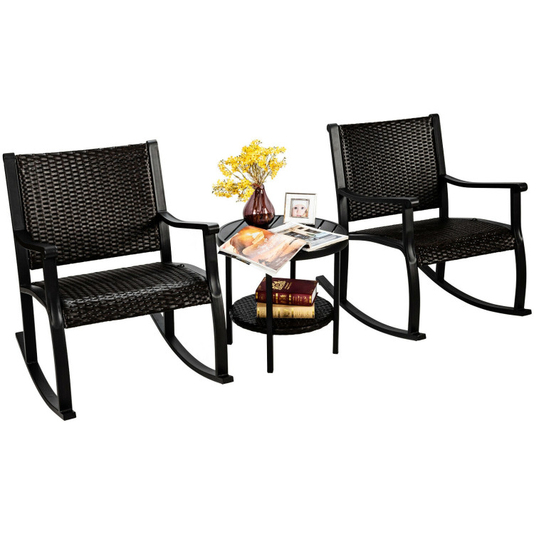 3 Pieces Patio Rattan Furniture Set with Coffee Table and Rocking ChairsCostway Gallery View 8 of 12