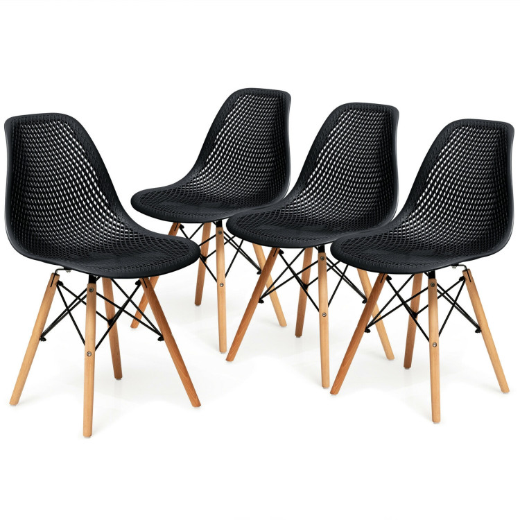 4 Pieces Modern Plastic Hollow Chair Set with Wood Leg-BlackCostway Gallery View 3 of 12