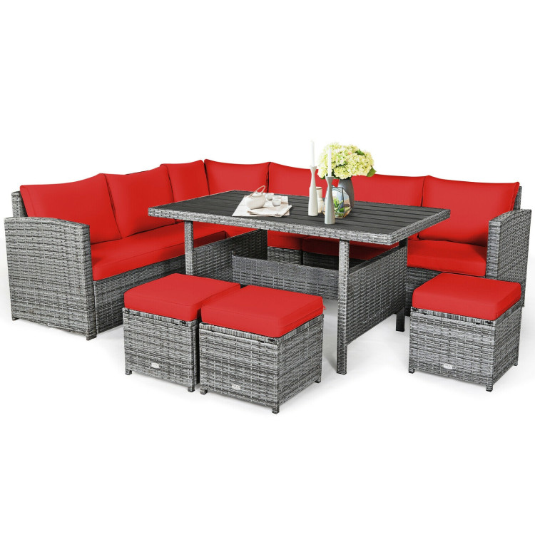7 Pieces Patio Rattan Dining Furniture Sectional Sofa Set with Wicker Ottoman-RedCostway Gallery View 3 of 11