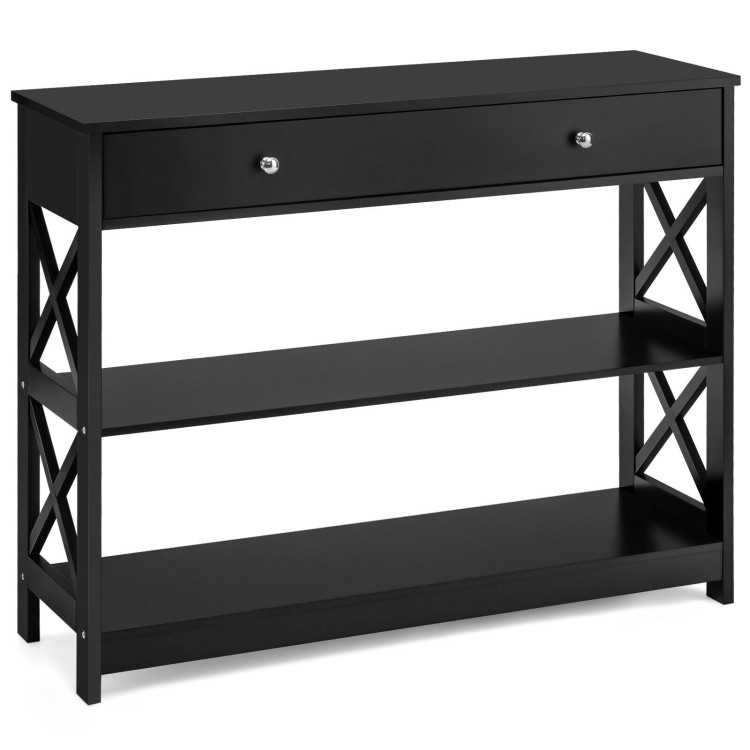 3-Tier Console Table with Drawers for Living Room Entryway-BlackCostway Gallery View 3 of 12