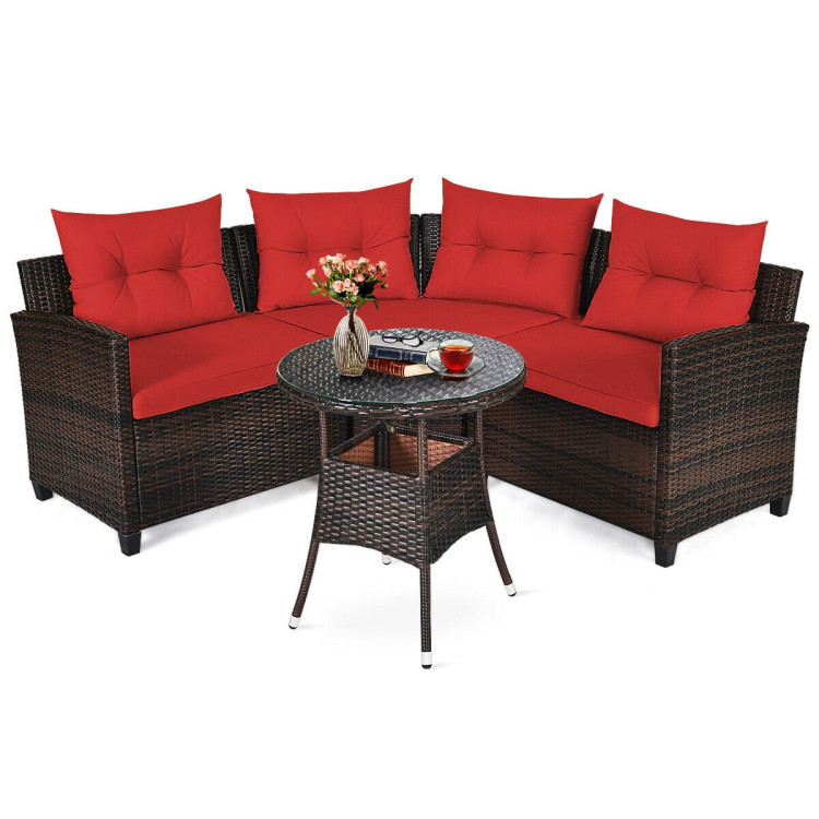 4 Pieces Outdoor Cushioned Rattan Furniture Set-RedCostway Gallery View 3 of 12