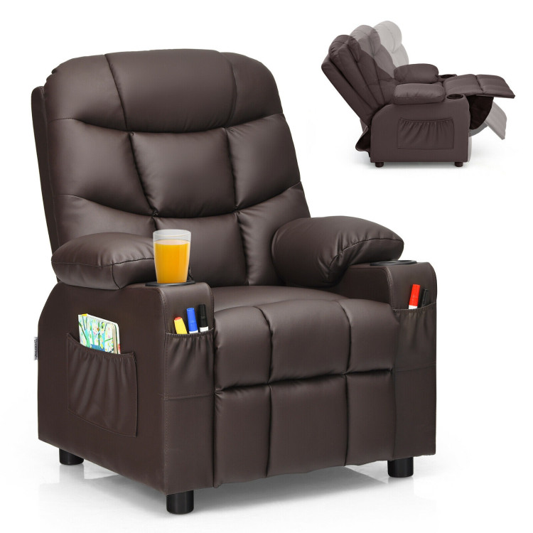 PU Leather Kids Recliner Chair with Cup Holders and Side Pockets-BrownCostway Gallery View 1 of 12