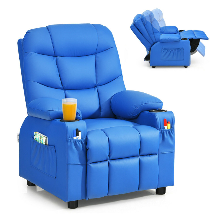 PU Leather Kids Recliner Chair with Cup Holders and Side Pockets-BlueCostway Gallery View 1 of 12
