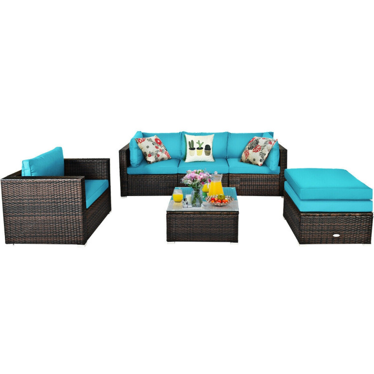 6 Pcs Patio Rattan Furniture Set with Sectional Cushion-TurquoiseCostway Gallery View 8 of 12