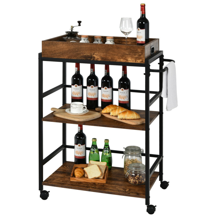 3-Tier Kitchen Serving Bar Cart with Lockable Casters and Handle Rack for Home Pub-Rustic BrownCostway Gallery View 9 of 13