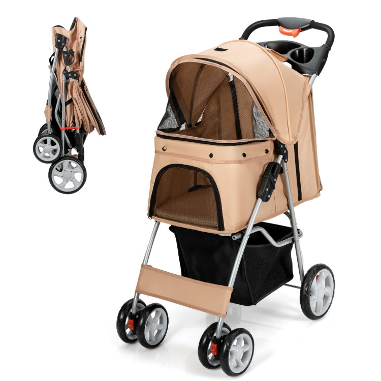Foldable 4-Wheel Pet Stroller with Storage Basket-BeigeCostway Gallery View 3 of 12