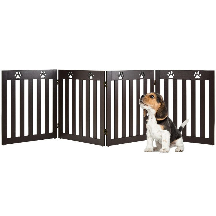 24 Inch Folding Wooden Freestanding Pet Gate Dog Gate with 360° Hinge -Dark BrownCostway Gallery View 3 of 14