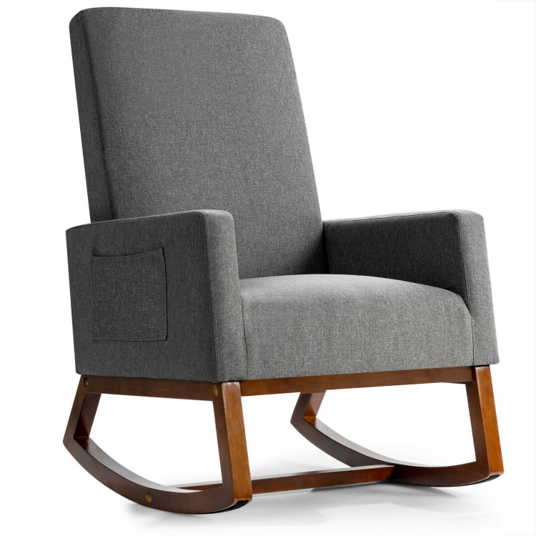 Rocking High Back Upholstered Lounge Armchair with Side Pocket-GrayCostway Gallery View 1 of 12