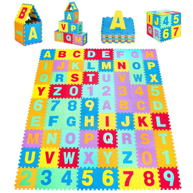 Kids Foam Interlocking Puzzle Play Mat with Alphabet and Numbers 72 Pieces SetCostway Gallery View 3 of 12