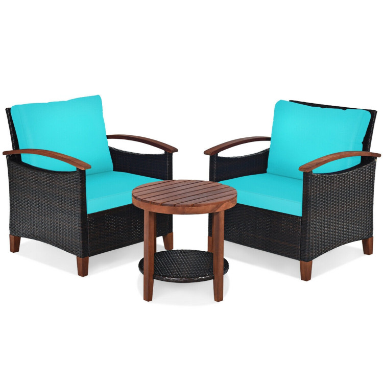 3 Pieces Patio Rattan Furniture Set with Washable Cushion and Acacia Wood Tabletop-TurquoiseCostway Gallery View 9 of 12