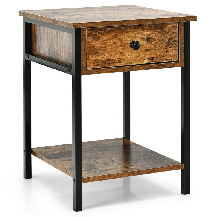 Industrial End Side Table Nightstand with Drawer Shelf-Rustic BrownCostway Gallery View 1 of 10