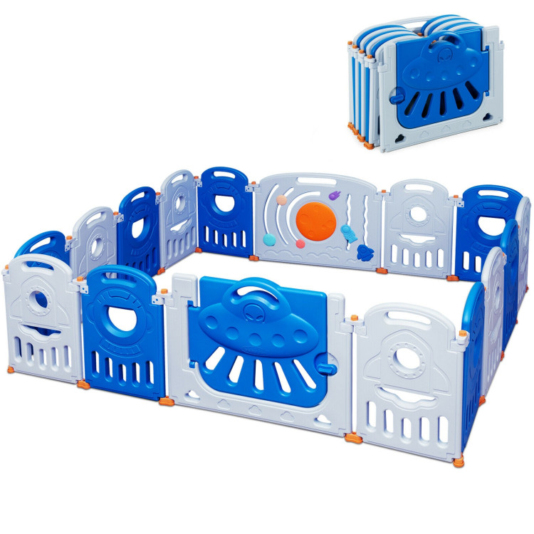 16-Panel Baby Playpen Safety Play Center with Lockable Gate-BlueCostway Gallery View 4 of 13