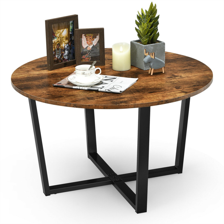 Round Industrial Style Cocktail Side Coffee Table With Metal Frame-BrownCostway Gallery View 8 of 12
