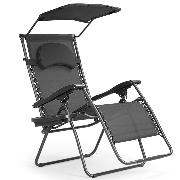 Folding Recliner Lounge Chair with Shade Canopy Cup Holder-BlackCostway Gallery View 1 of 10