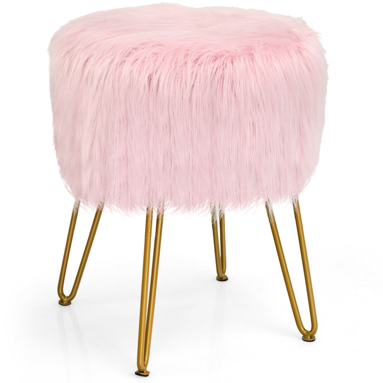 Faux Fur Vanity Stool Chair with Metal Legs for Bedroom and Living Room-PinkCostway Gallery View 1 of 11