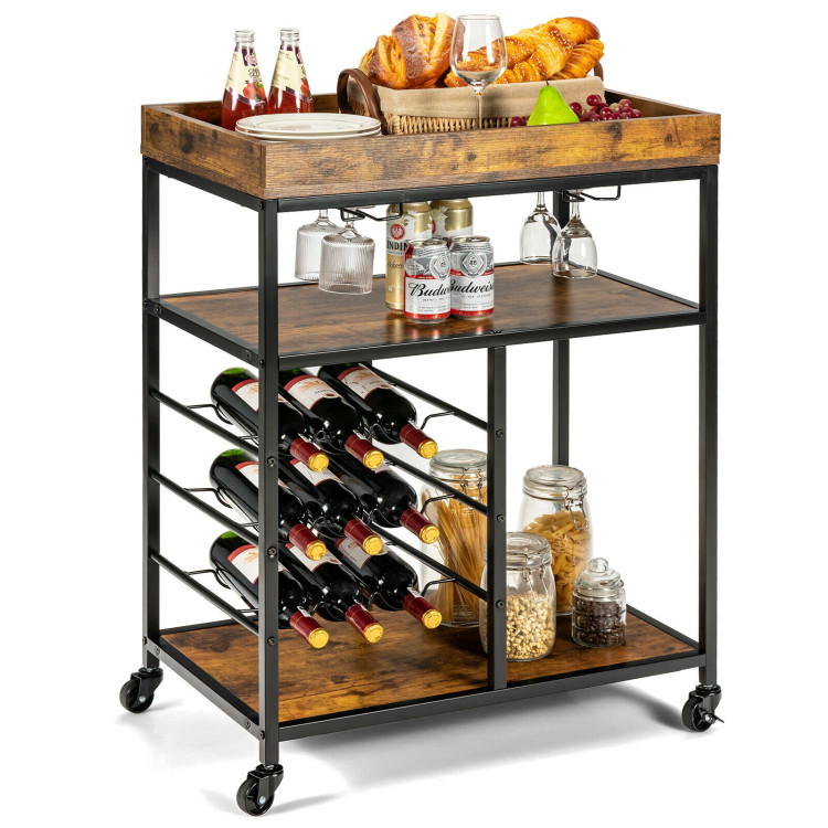 3-Tier Wood Rolling Kitchen Serving Cart with 9 Wine Bottles Rack Metal Frame-Rustic BrownCostway Gallery View 5 of 12