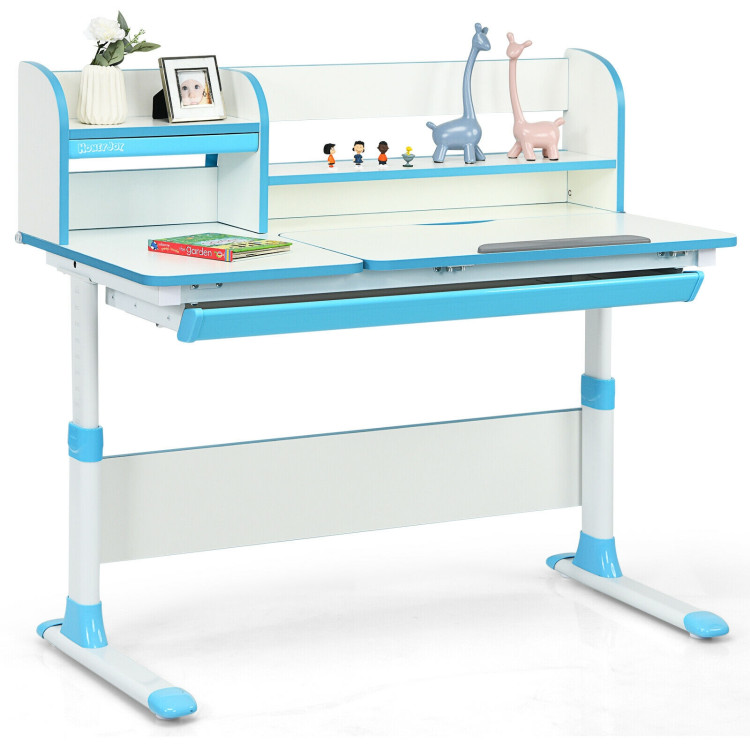 Adjustable Height Study Desk with Drawer and Tilted Desktop for School and Home-BlueCostway Gallery View 8 of 12