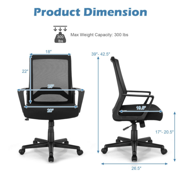Height Adjustable Mid Back Task Chair Mesh Office Chair with Lumbar SupportCostway Gallery View 4 of 12