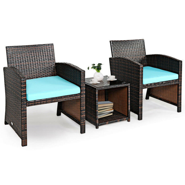 3 Pieces PE Rattan Wicker Furniture Set with Cushion Sofa Coffee Table for Garden-TurquoiseCostway Gallery View 2 of 12