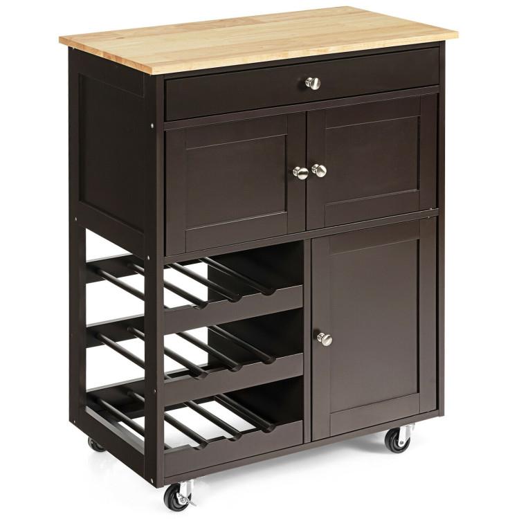Kitchen Cart with Rubber Wood Top 3 Tier Wine Racks 2 Cabinets-BrownCostway Gallery View 3 of 12
