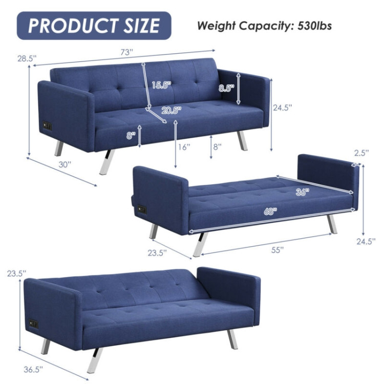 3 Seat Convertible Linen Fabric Futon Sofa with USB and Power Strip-BlueCostway Gallery View 4 of 12