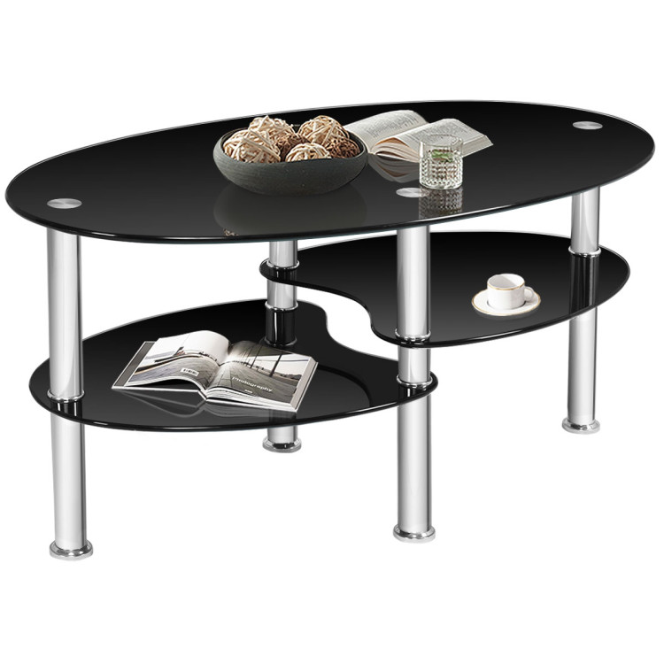 Tempered Glass Oval Side Coffee Table-BlackCostway Gallery View 9 of 11