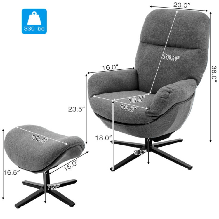 Upholstered Swivel Lounge Chair with Ottoman and Rocking Footstool-GrayCostway Gallery View 4 of 12