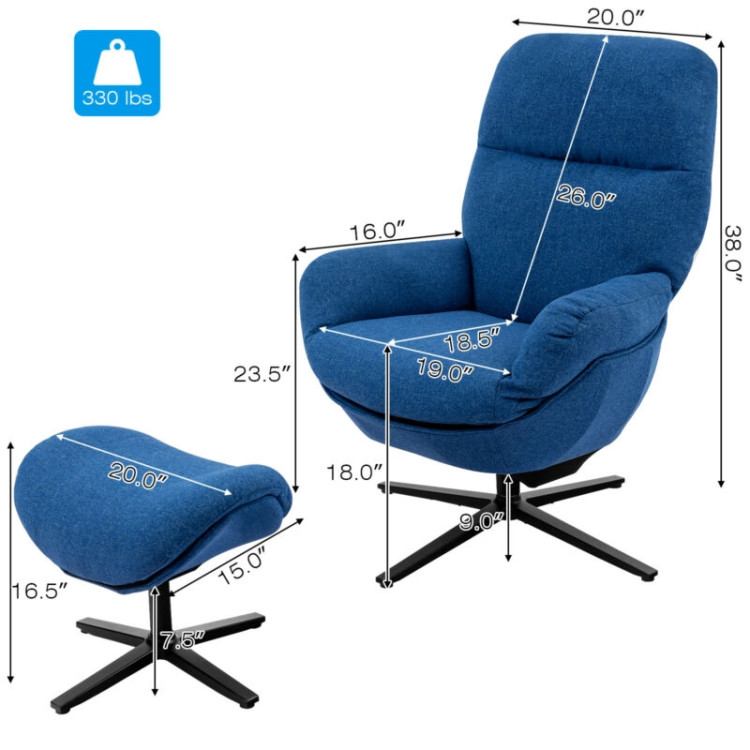 Upholstered Swivel Lounge Chair with Ottoman and Rocking Footstool-BlueCostway Gallery View 4 of 12