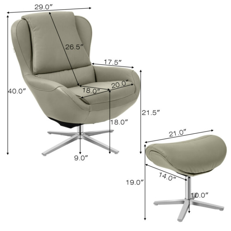 360°  Swivel Leather Lounge Chair with Ottoman and Aluminum Alloy Base-GrayCostway Gallery View 4 of 12
