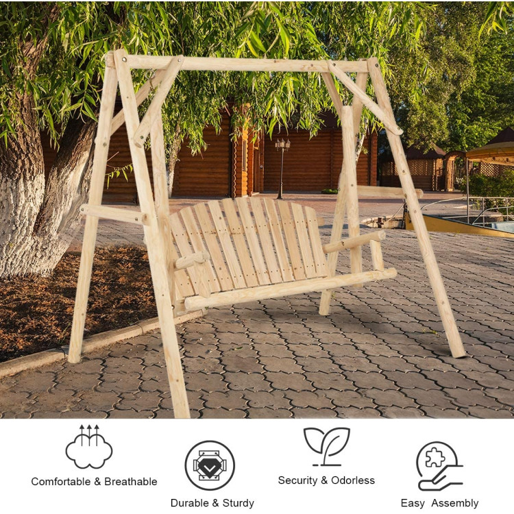 Outdoor Wooden Porch Bench Swing Chair with Rustic Curved BackCostway Gallery View 3 of 10