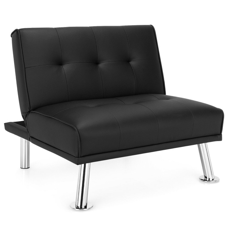 Folding PU Leather Single Sofa with Metal Legs and Adjustable Backrest-BlackCostway Gallery View 3 of 12