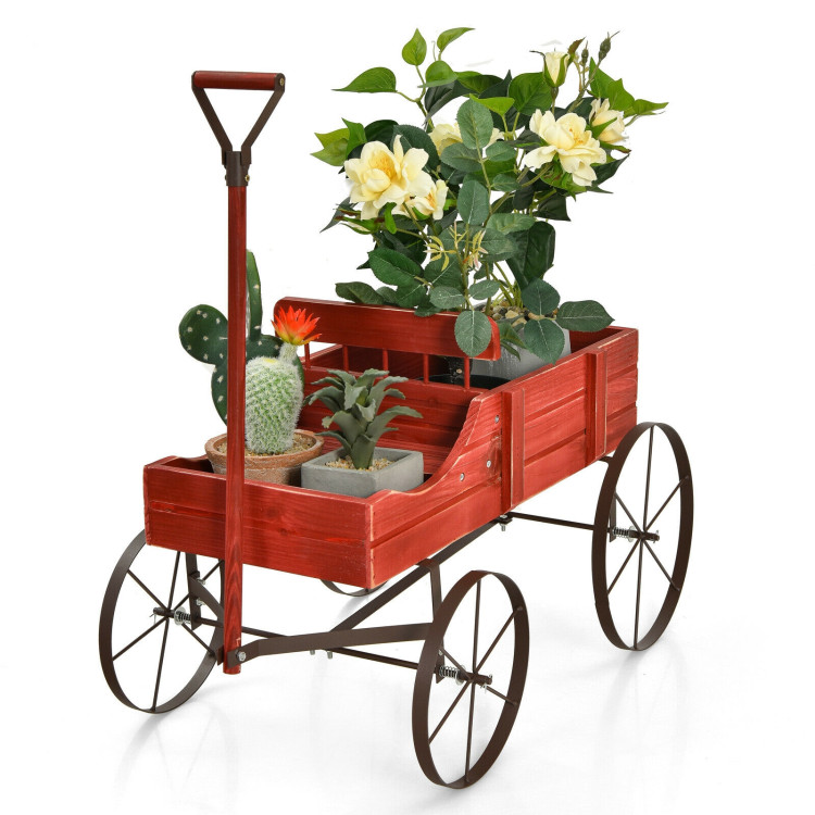 Wooden Wagon Plant Bed With Wheel for Garden Yard-RedCostway Gallery View 3 of 12