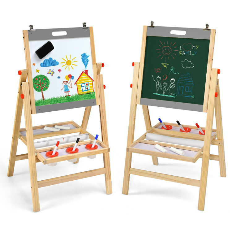 Kids Art Easel with Paper Roll Double Sided Chalkboard and Whiteboard-GrayCostway Gallery View 3 of 12