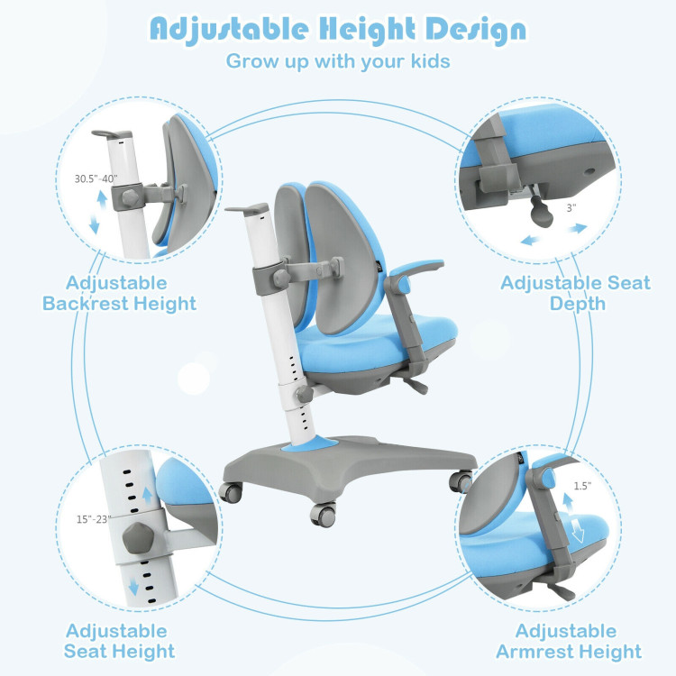 Kids Adjustable Height Depth Study Desk Chair with Sit-Brake Casters-BlueCostway Gallery View 5 of 12