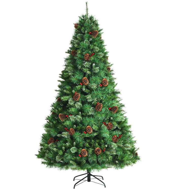 8 Feet Unlit Hinged PVC Artificial Christmas Pine Tree with Red BerriesCostway Gallery View 3 of 10