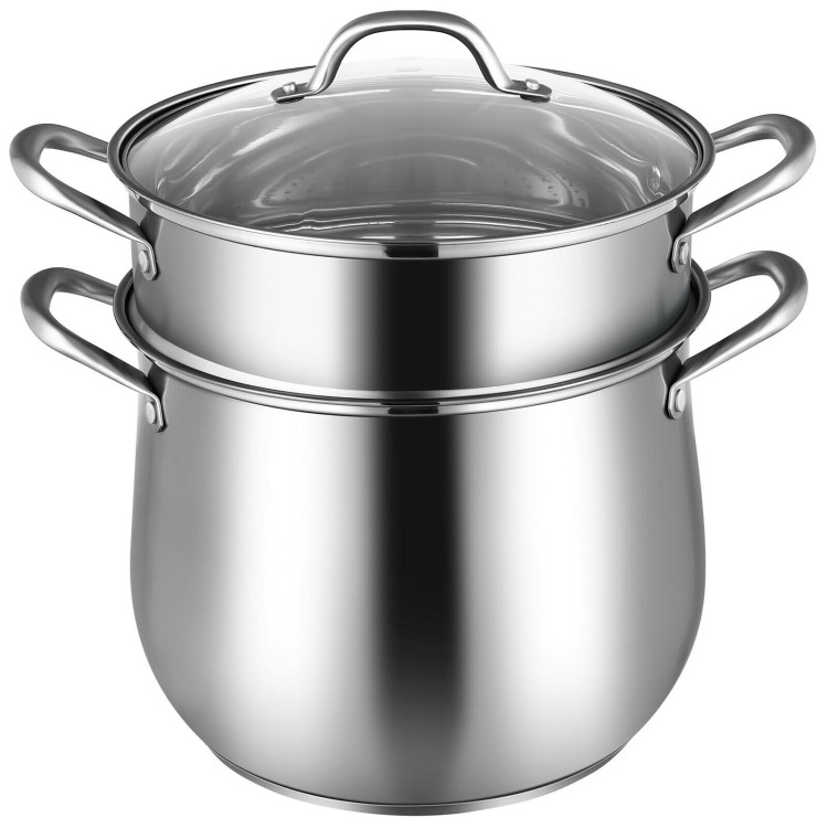 2-Tier Steamer Pot Saucepot Stainless Steel with Tempered Glass LidCostway Gallery View 3 of 12