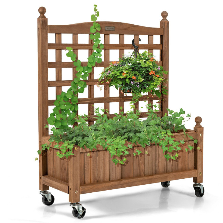 32in Wood Planter Box with Trellis Mobile Raised Bed for Climbing PlantCostway Gallery View 4 of 11