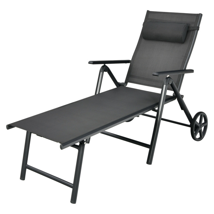Patio Lounge Chair with Wheels Neck Pillow Aluminum Frame Adjustable-GrayCostway Gallery View 4 of 11