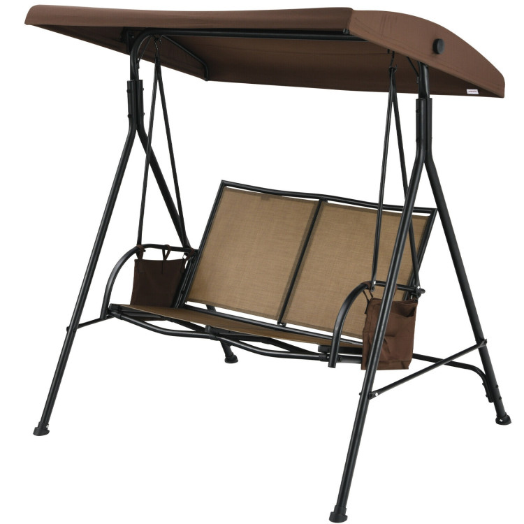2-Person Patio Swing with Adjustable Canopy and 2 Storage Pocket-BrownCostway Gallery View 4 of 11