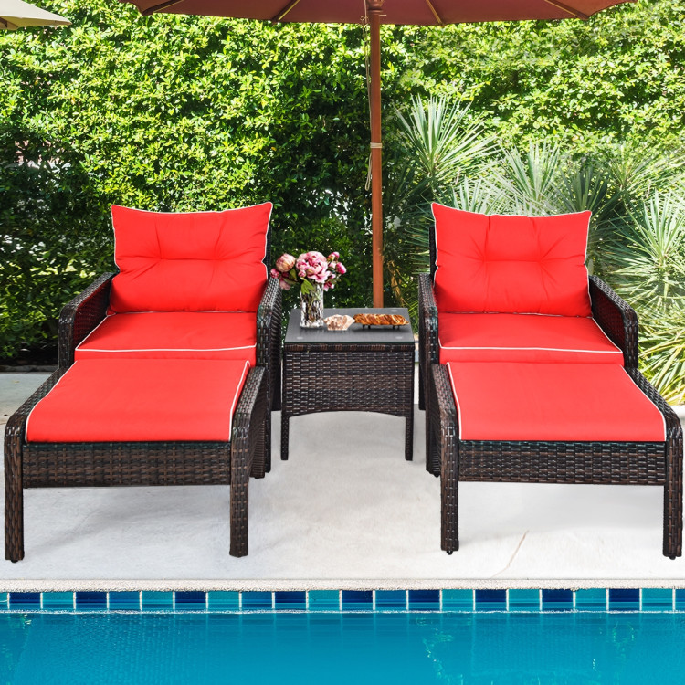 5 Pcs Patio Rattan Sofa Ottoman Furniture Set with Cushions-RedCostway Gallery View 8 of 14