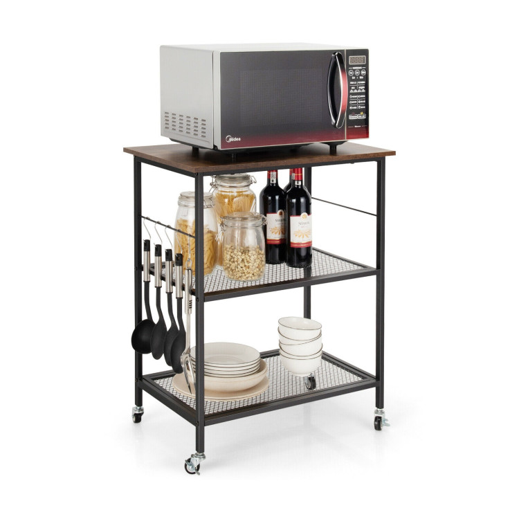 3-Tier Kitchen Serving Cart Utility Standing Microwave Rack with Hooks BrownCostway Gallery View 3 of 12