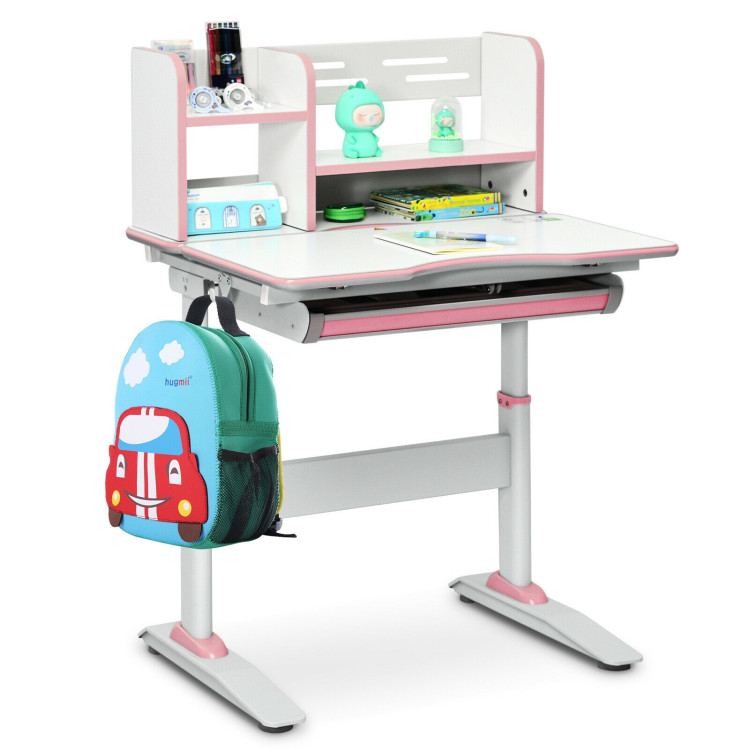 Kids Multifunctional Writing Desk with Tilt Desktop and Book Shelf-PinkCostway Gallery View 3 of 12
