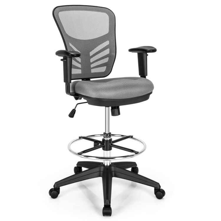 Mesh Drafting Chair Office Chair with Adjustable Armrests and Foot-Ring-GrayCostway Gallery View 3 of 10
