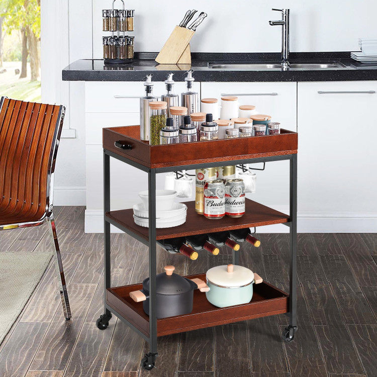 3 Tiers Kitchen Island Serving Bar Cart with Glasses Holder and Wine Bottle RackCostway Gallery View 6 of 11